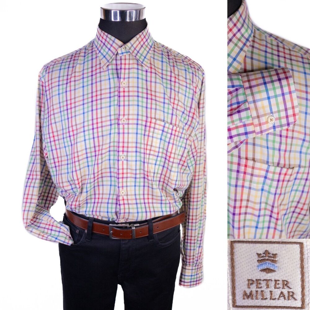 Peter Millar Shirt Large Long Sleeve Button Up Multicolored Check Mens